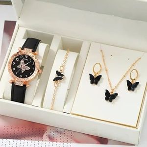 Luxury Watch Ring Necklace Earrings Rhinestone Butterfly Fashion Wristwatch